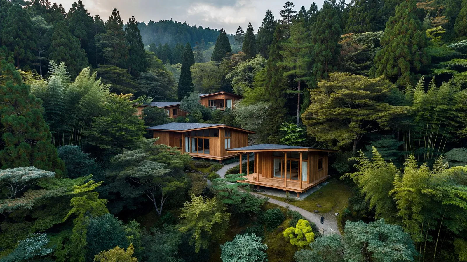 森に囲まれた杉邸宅を空から見た全景