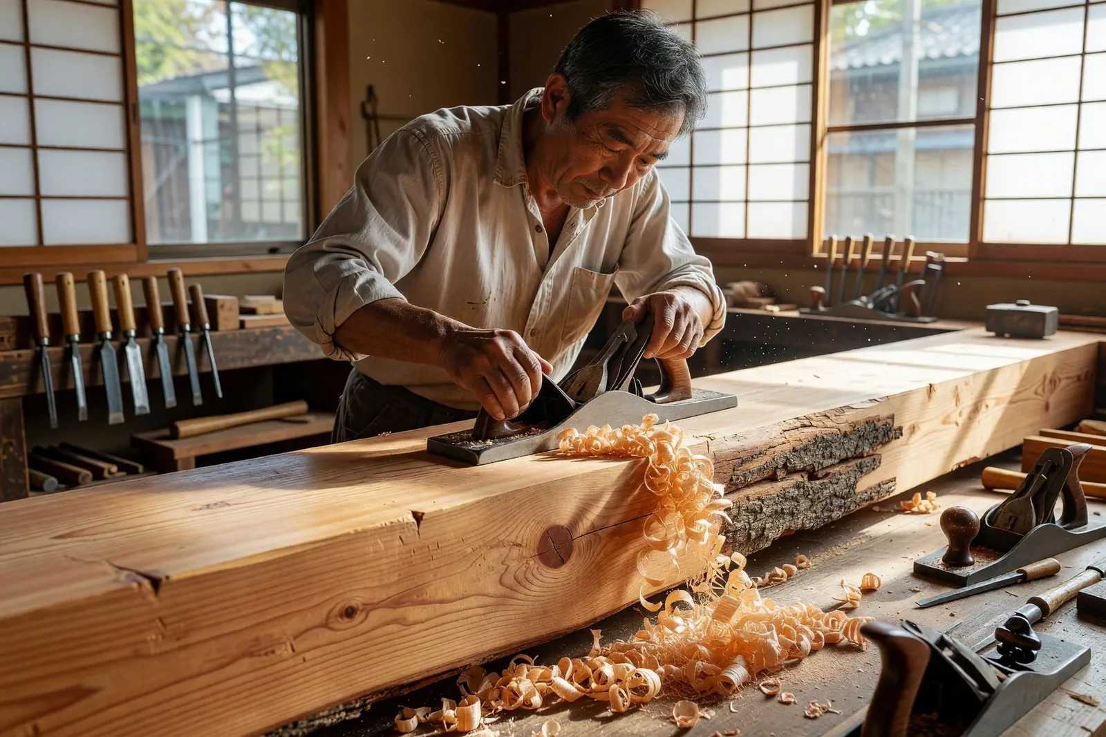 杉の梁を丁寧に仕上げる職人の手元