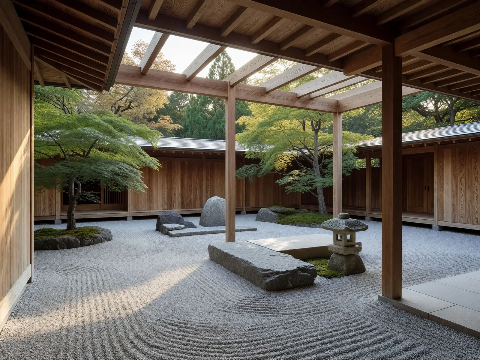 杉材に囲まれた静かな中庭の風景