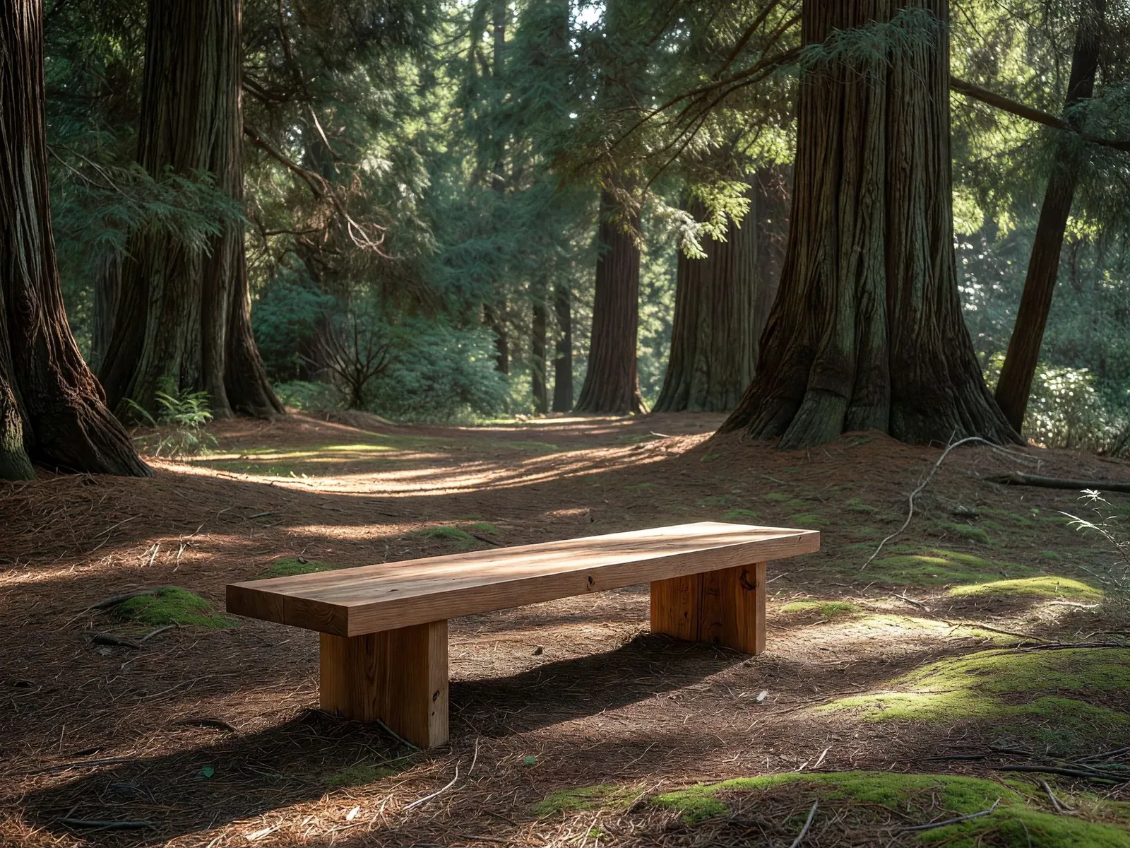森の開けた場所に置かれた杉のベンチ
